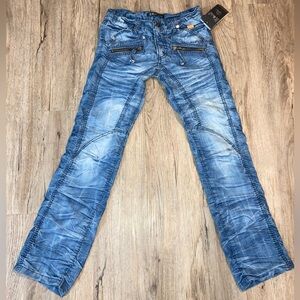 NWT Kosmo Lupo Distressed Worn Ruched Light Blue Low Rise Denim Jeans Sz 29